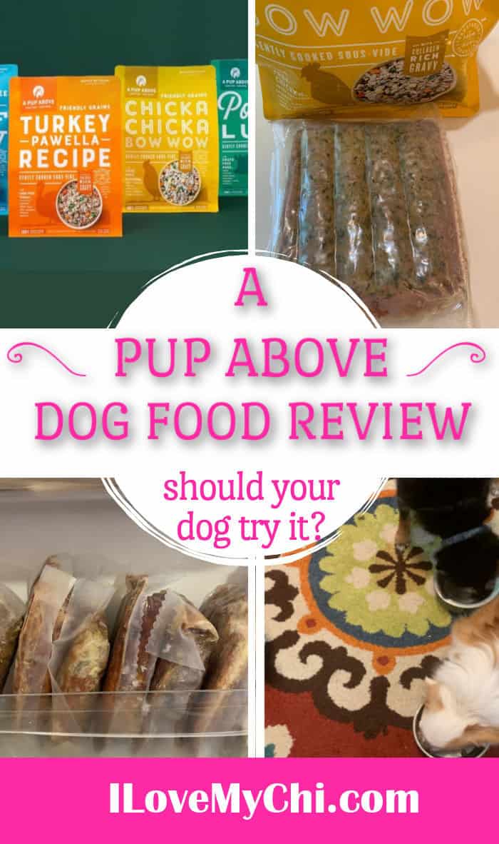 4 photos of A Pup Above dog food and dogs eating it