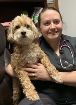 female vet holding fuzzy dog