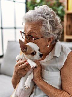 elderly woman hugging chihuahua