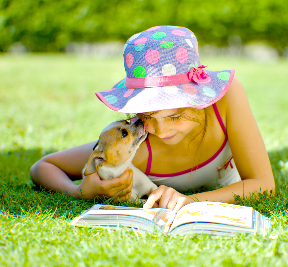 chihuahua licking face of child reading book laying in grass