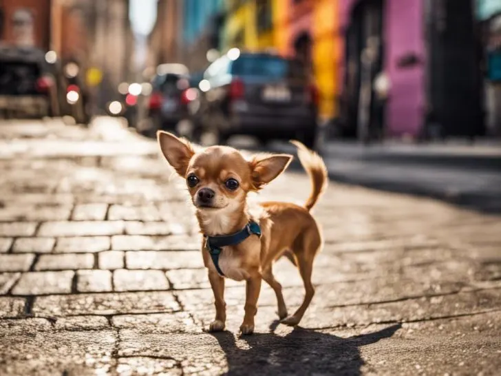 fawn chihuahua on city street
