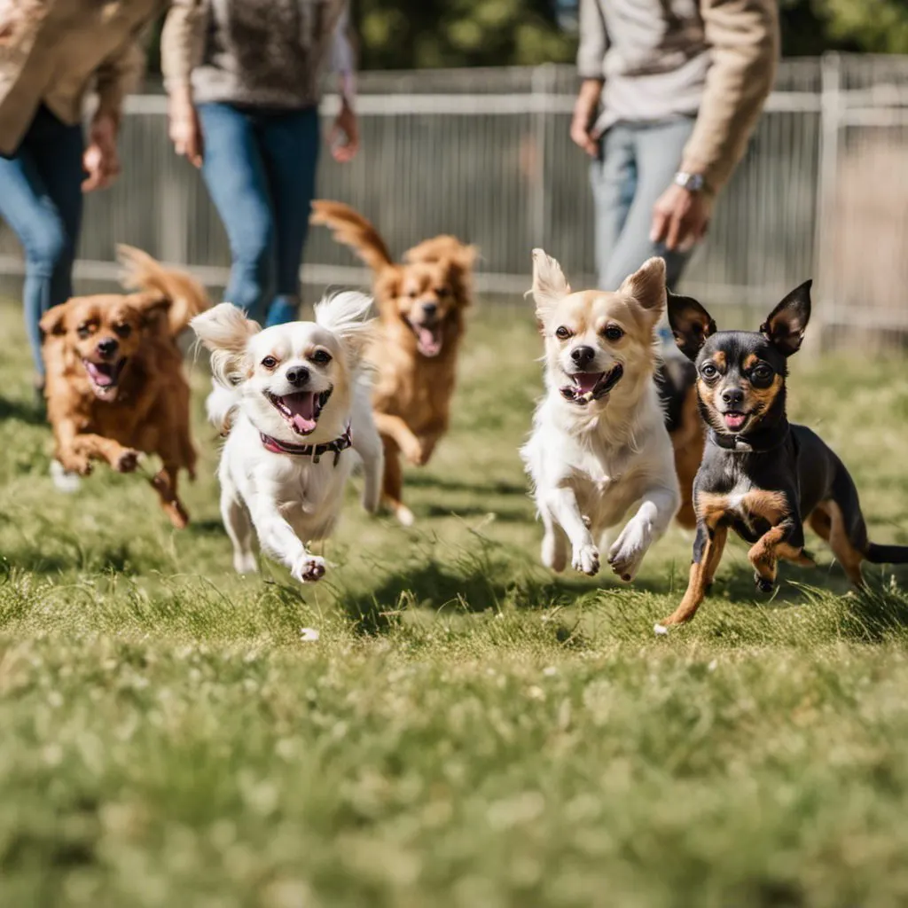 Dogs playin dog park with people in background.