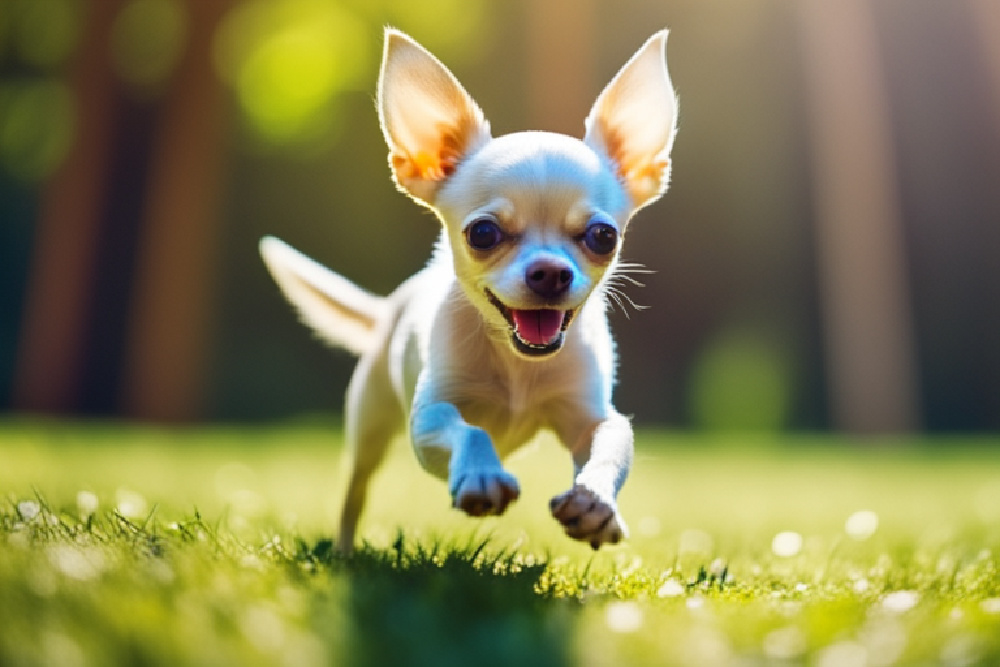 Fawn chihuahua running in grass.