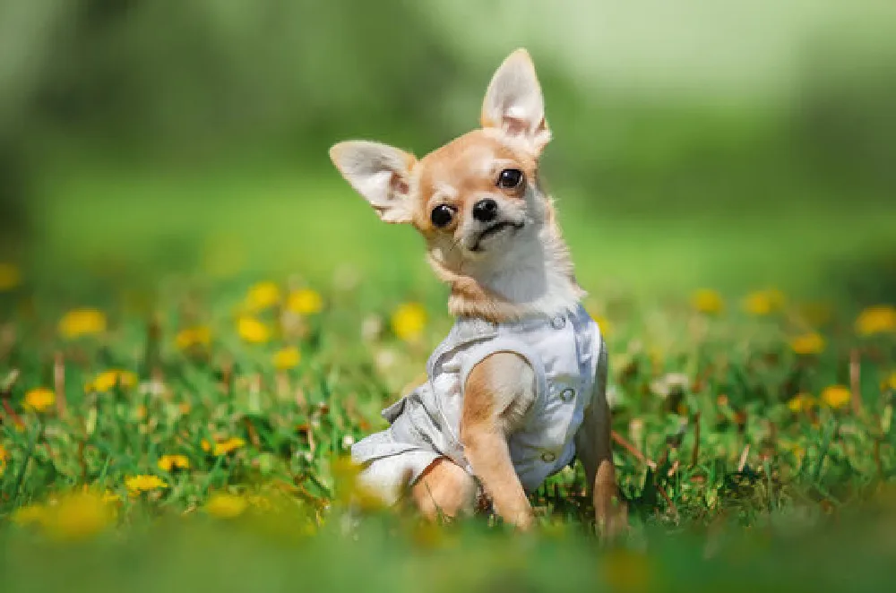 Fawn chihuahua wearing dress sitting in field of yellow flowers.