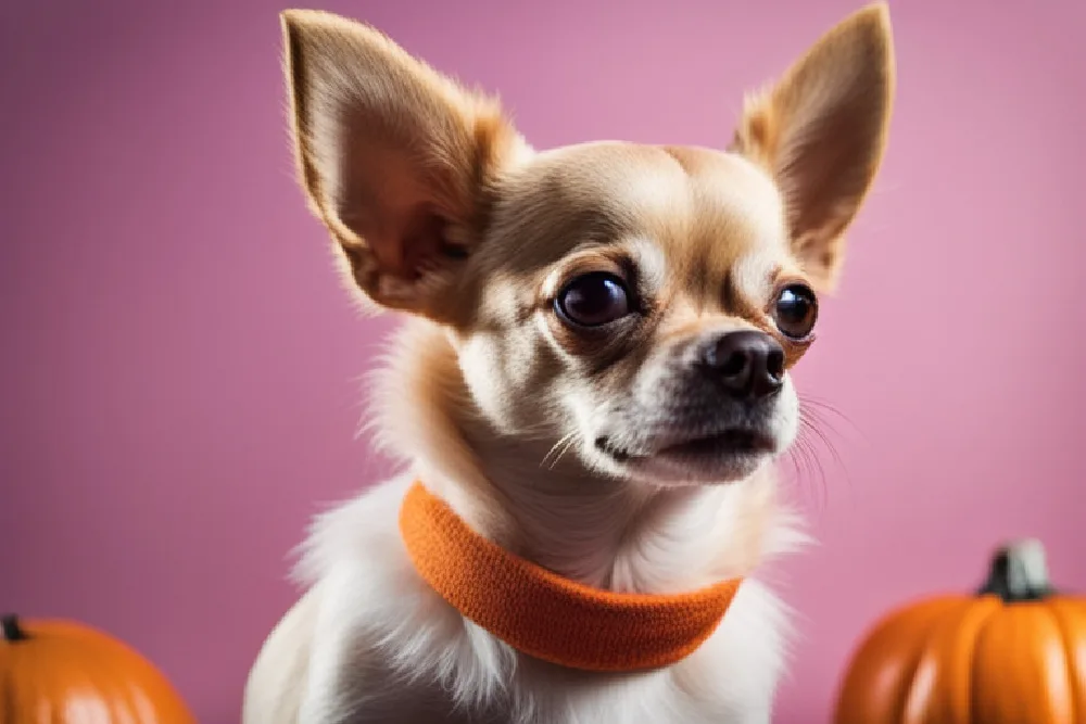 Fawn chihuahua with pink background and pumpkins wearing orange collar .