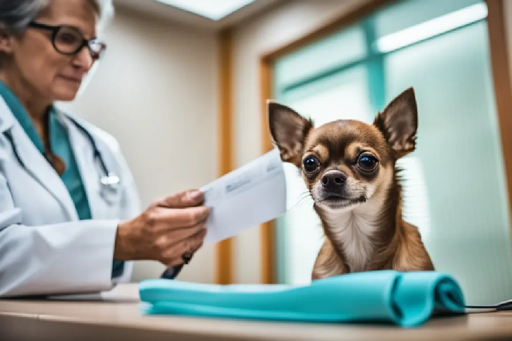 Older female veterinarian with chihuahua.