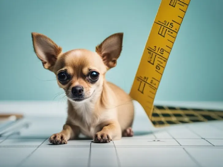 Fawn chihuahua next to ruler.