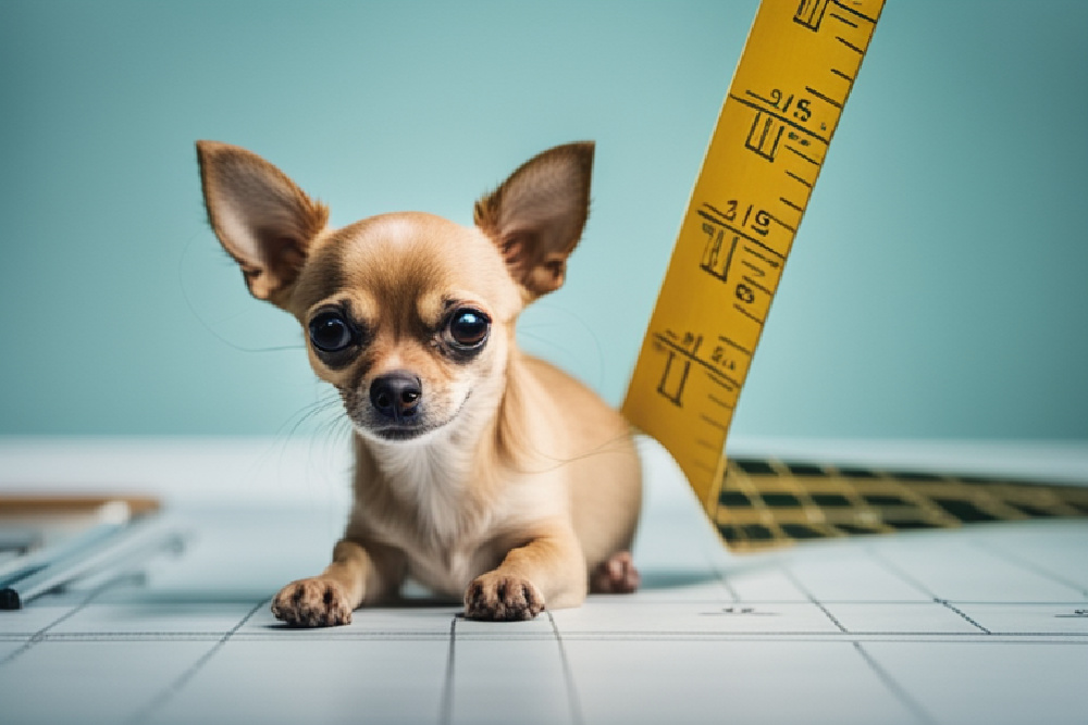 Fawn chihuahua next to ruler.