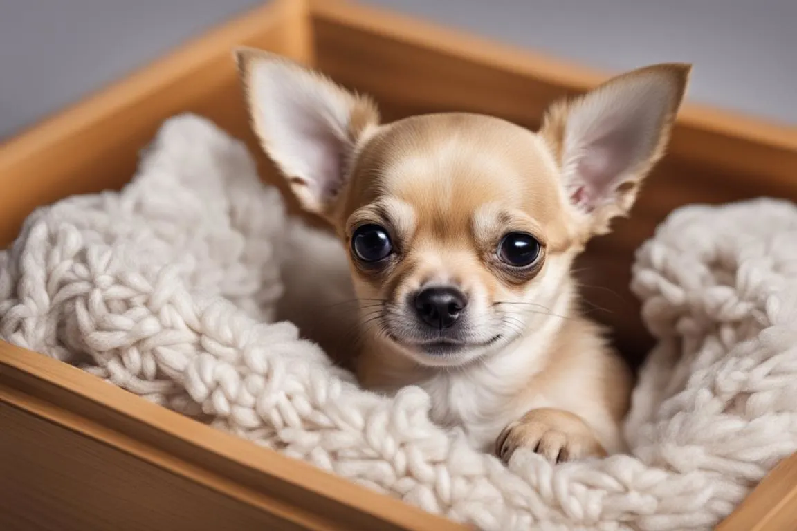 Fawn chihuahua puppy in box on crocheted blanket