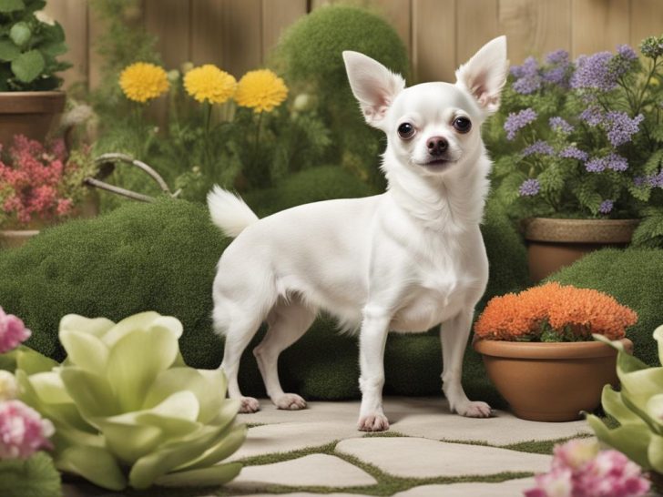 White Chihuahua standing in garden.