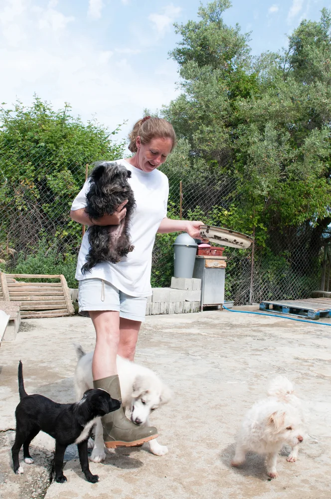 Young woman outside with small dogs.