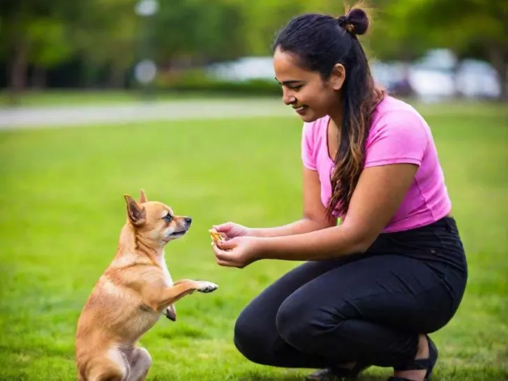 Woman with long hair showing a treat to a fawn Chihuahua who is sitting on hind legs.