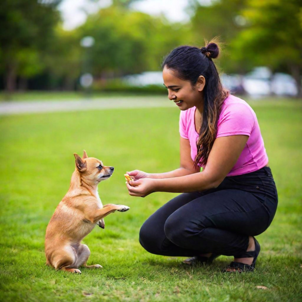 Woman with long hair showing a treat to a fawn Chihuahua who is sitting on hind legs.