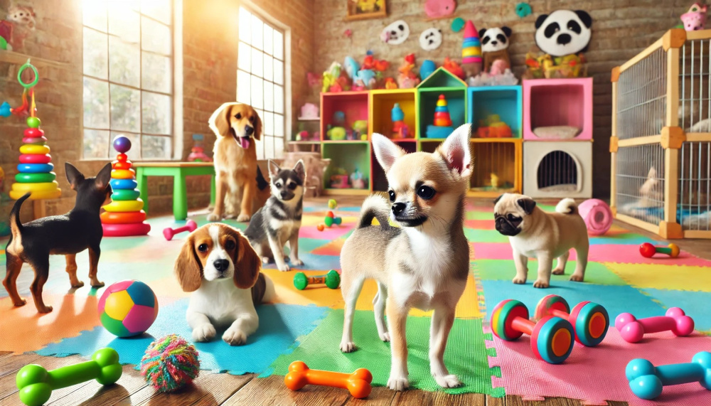 Chihuahua playing with other dogs in playroom.