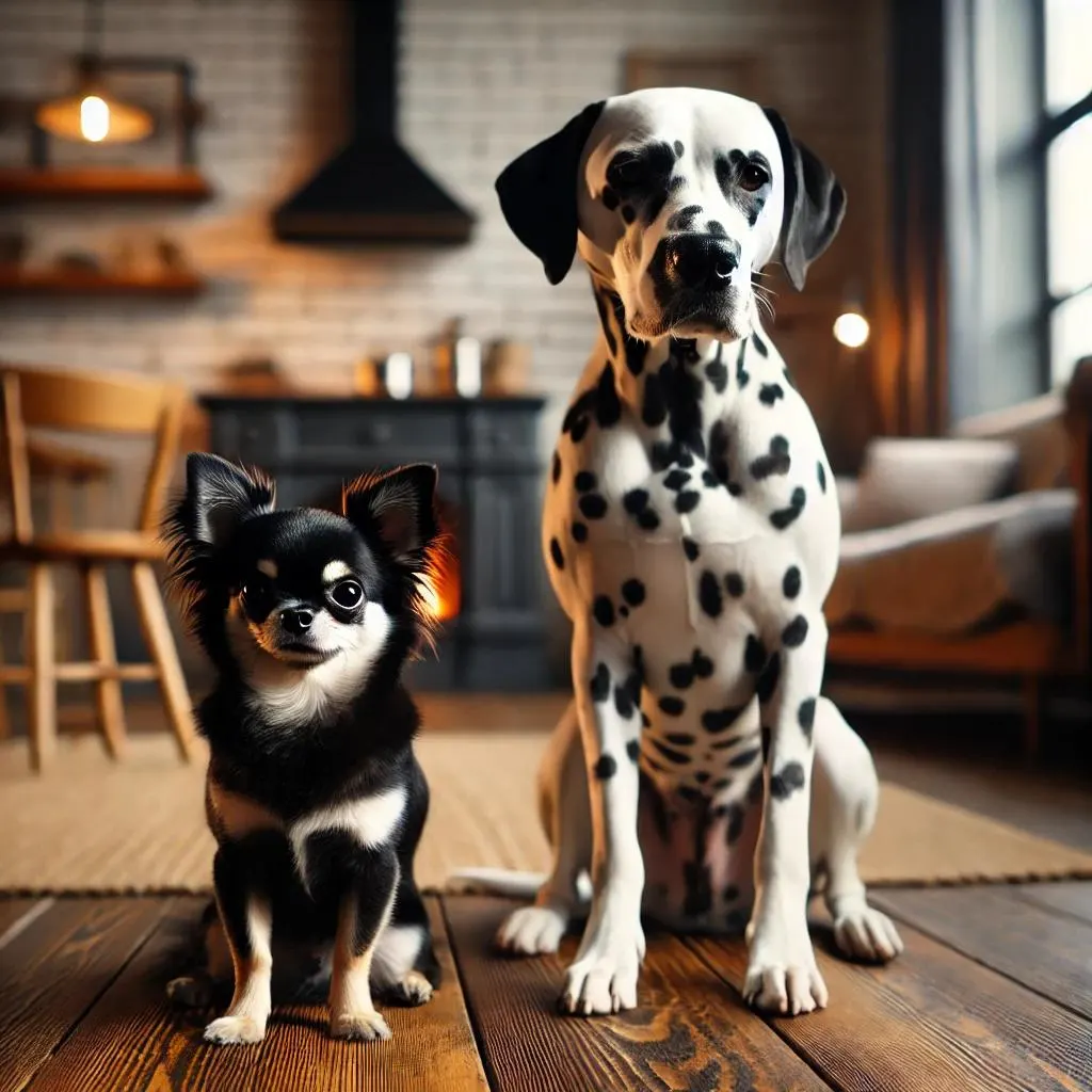 Black and white Chihuahua sitting by a Dalmation.