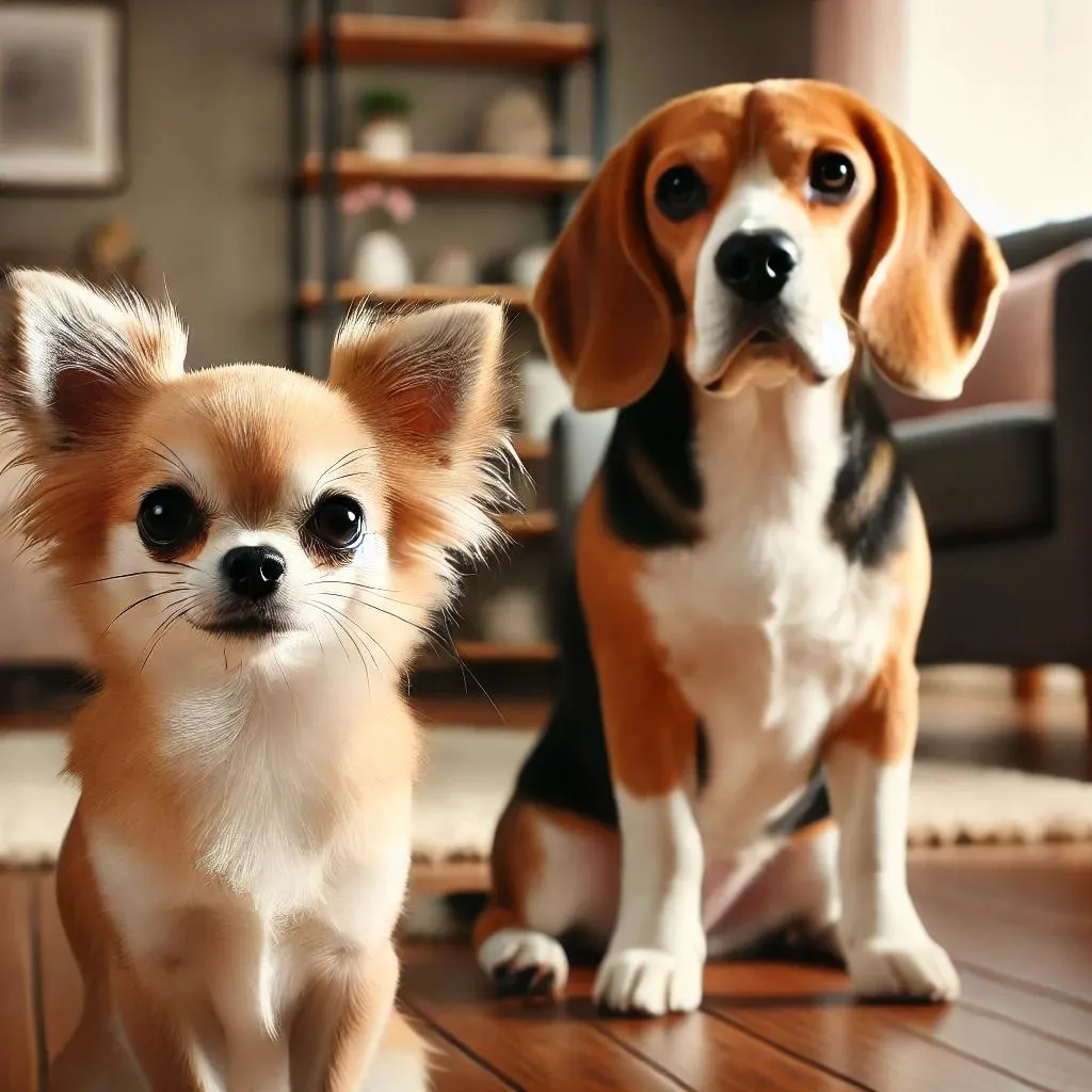 White and orange Chihuahua sitting next to the Beagle