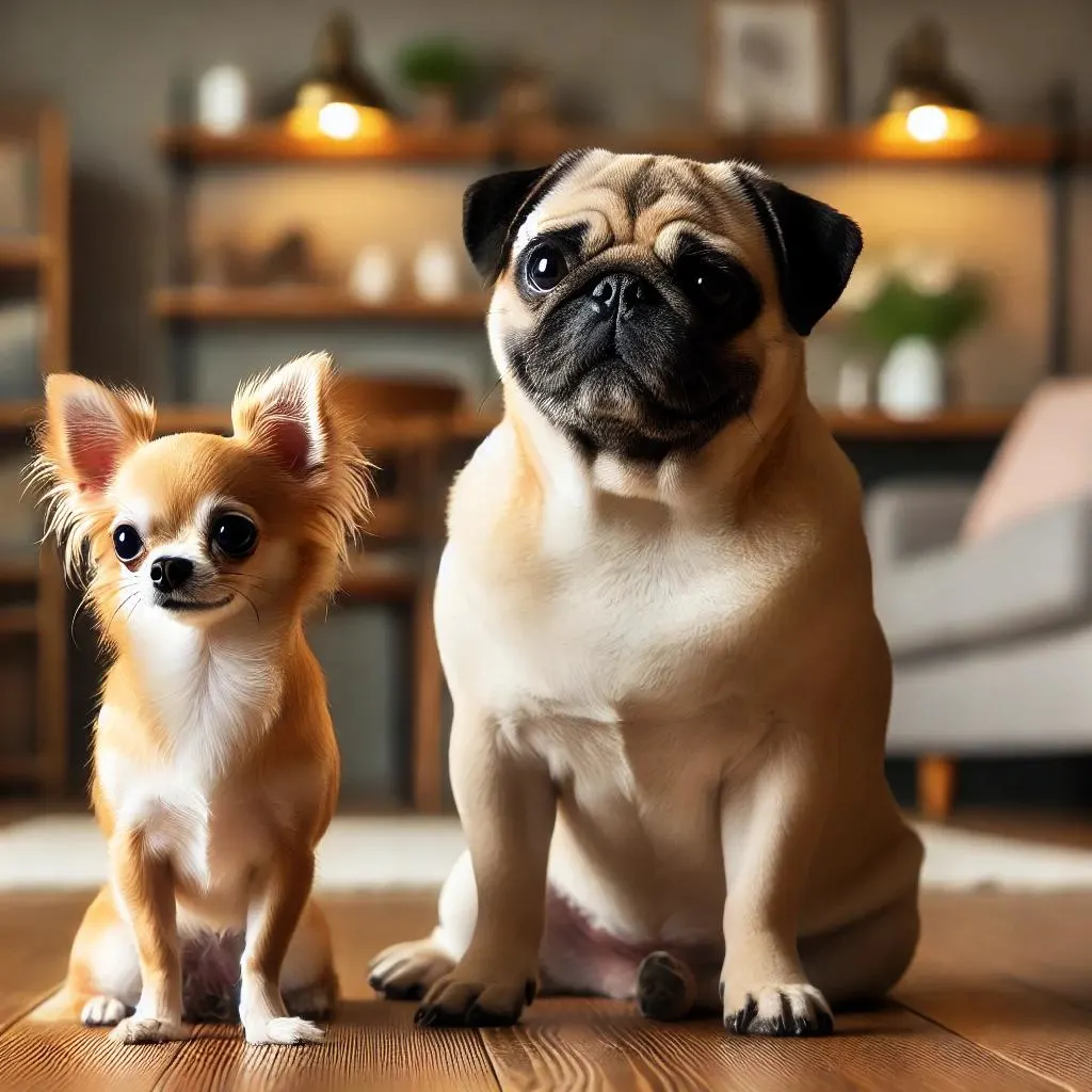 Orange and white Chihuahua sitting next to Pug.