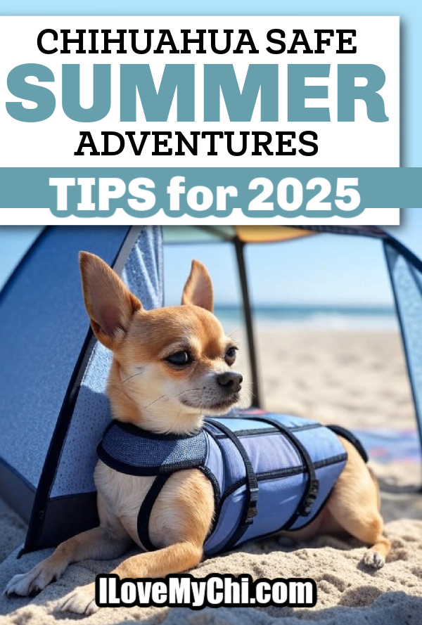 Chihuahua under small tent on beach with text saying Chihuahua safe adventures tips for 2025.