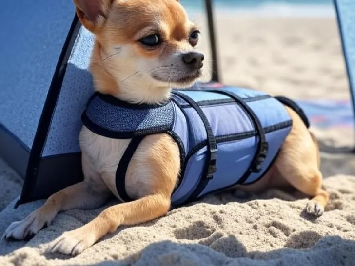 Chihuahua under small tent on beach.