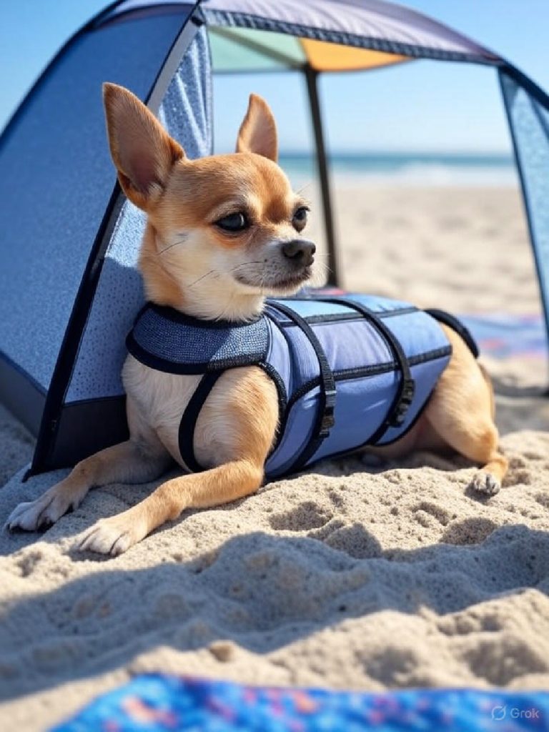 Chihuahua under small tent on beach.