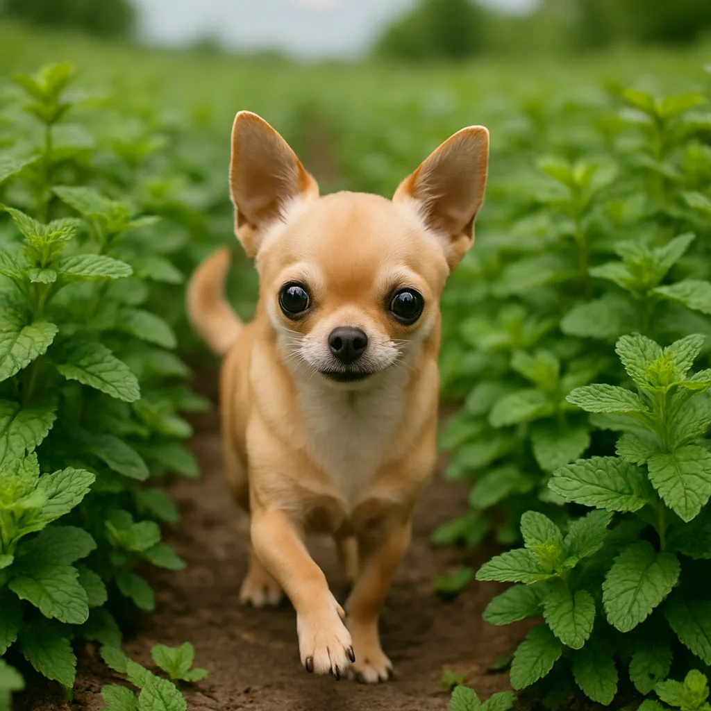 Fawn Chihuahua walking in a field of mint.