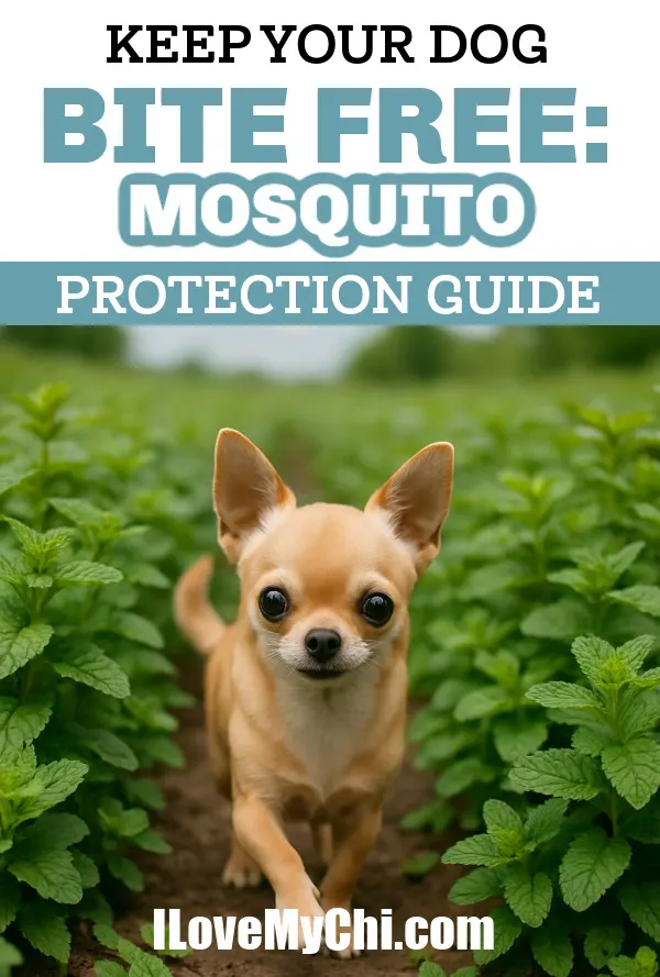 Fawn Chihuahua walking in field of mint and text says Keep your dog Bite Free-Mosquito Protection Guide.