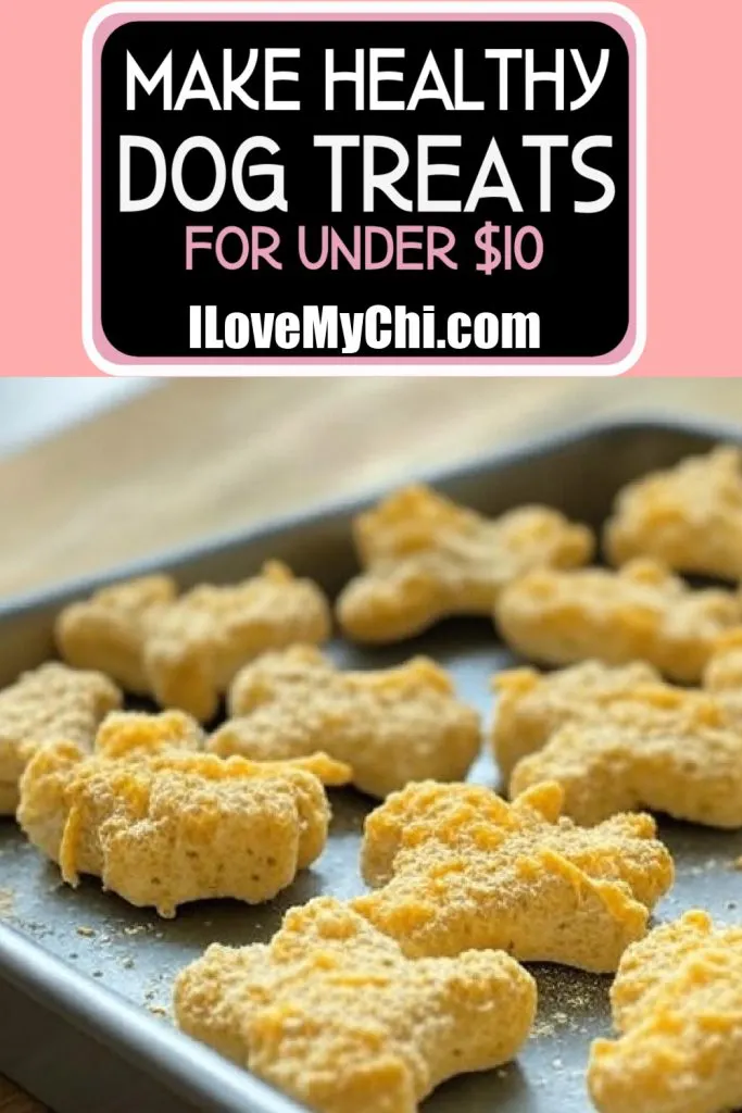 Baking pan with dog bone treats on it with text that says Make Your Chihuahua Happy and Healthy: DIY Treats Under $10.