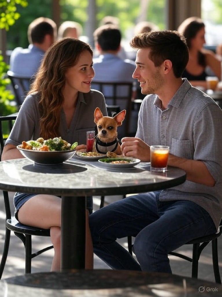 Man and woman sitting outside at patio restaurant table with Chihuahua between them.
