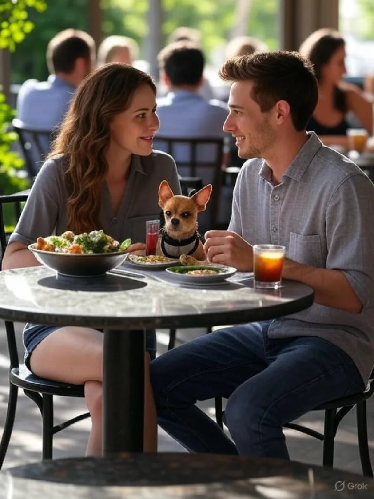 Man and woman sitting outside at patio restaurant table with Chihuahua between them.
