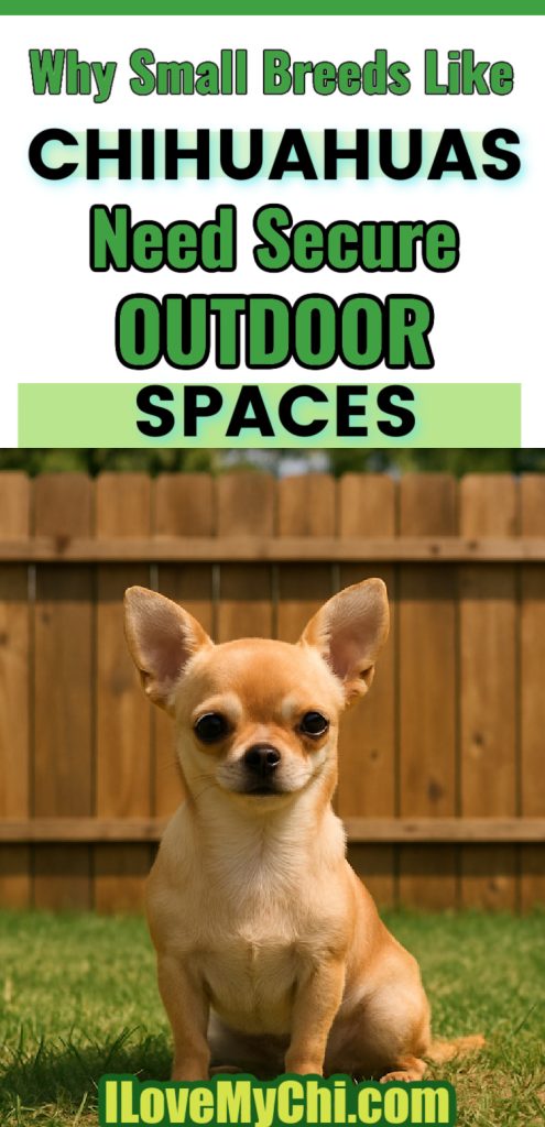 Fawn Chihuahua in yard with fence in background with text saying Why Small Breeds Like Chihuahuas Need Secure Outdoor Spcaes.