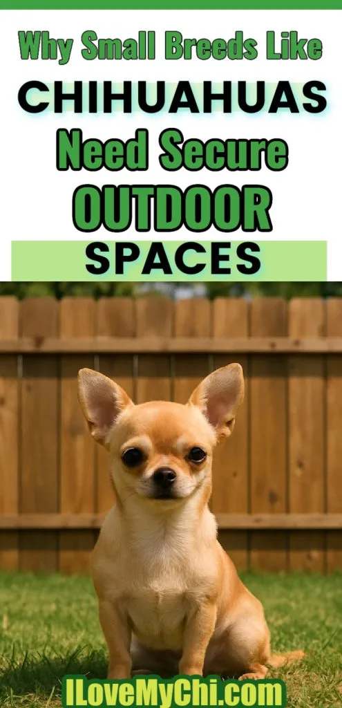 Fawn Chihuahua in yard with fence in background with text saying Why Small Breeds Like Chihuahuas Need Secure Outdoor Spcaes.