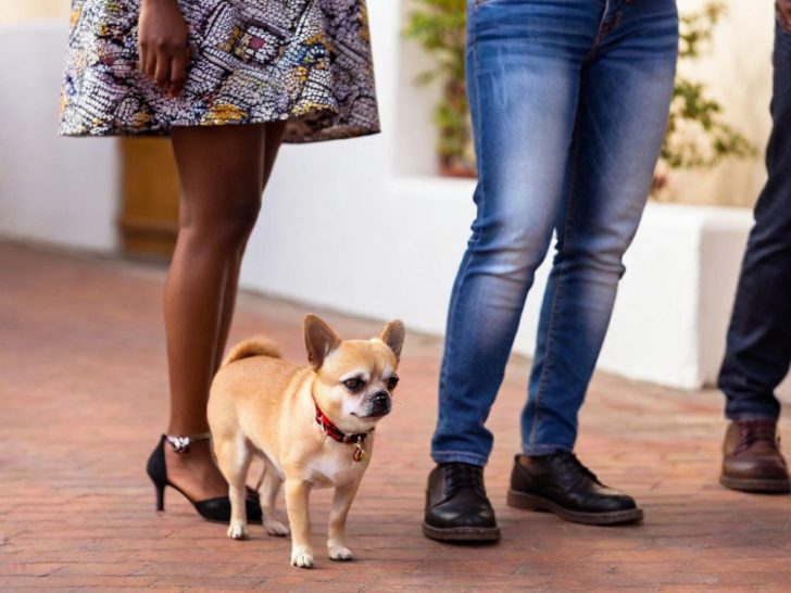 Fawn Chihuahua between 2 humans.
