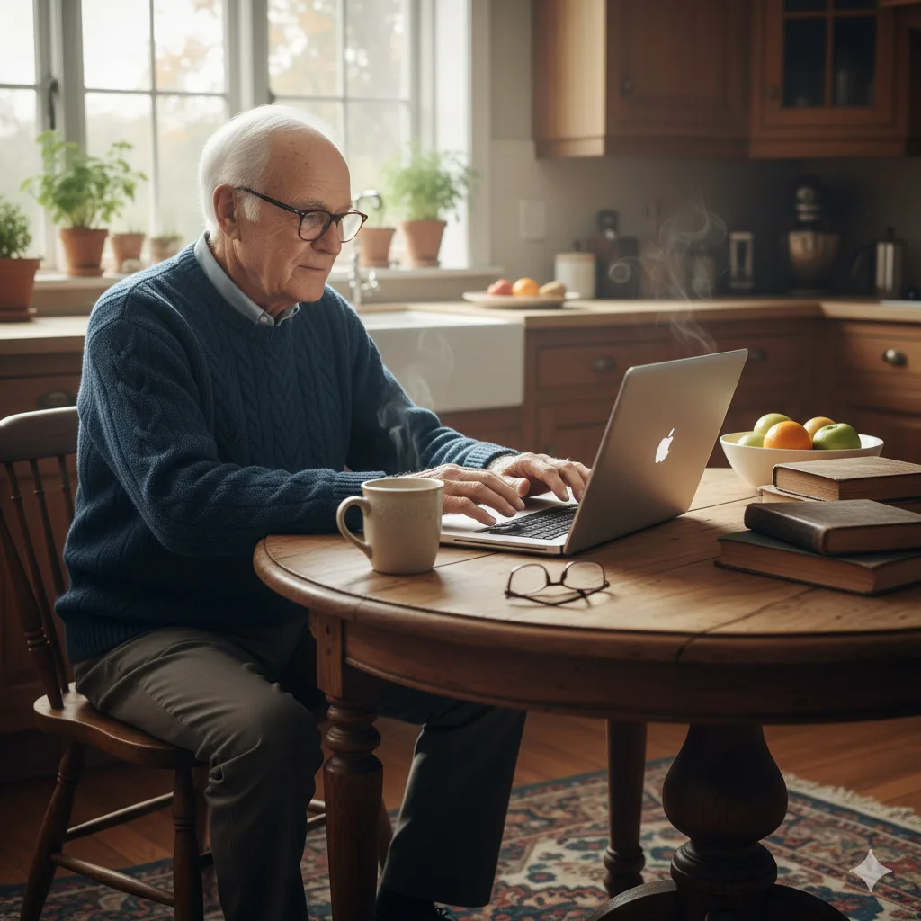 An elderly man typing on a laptop while sitting at the kitchen table.