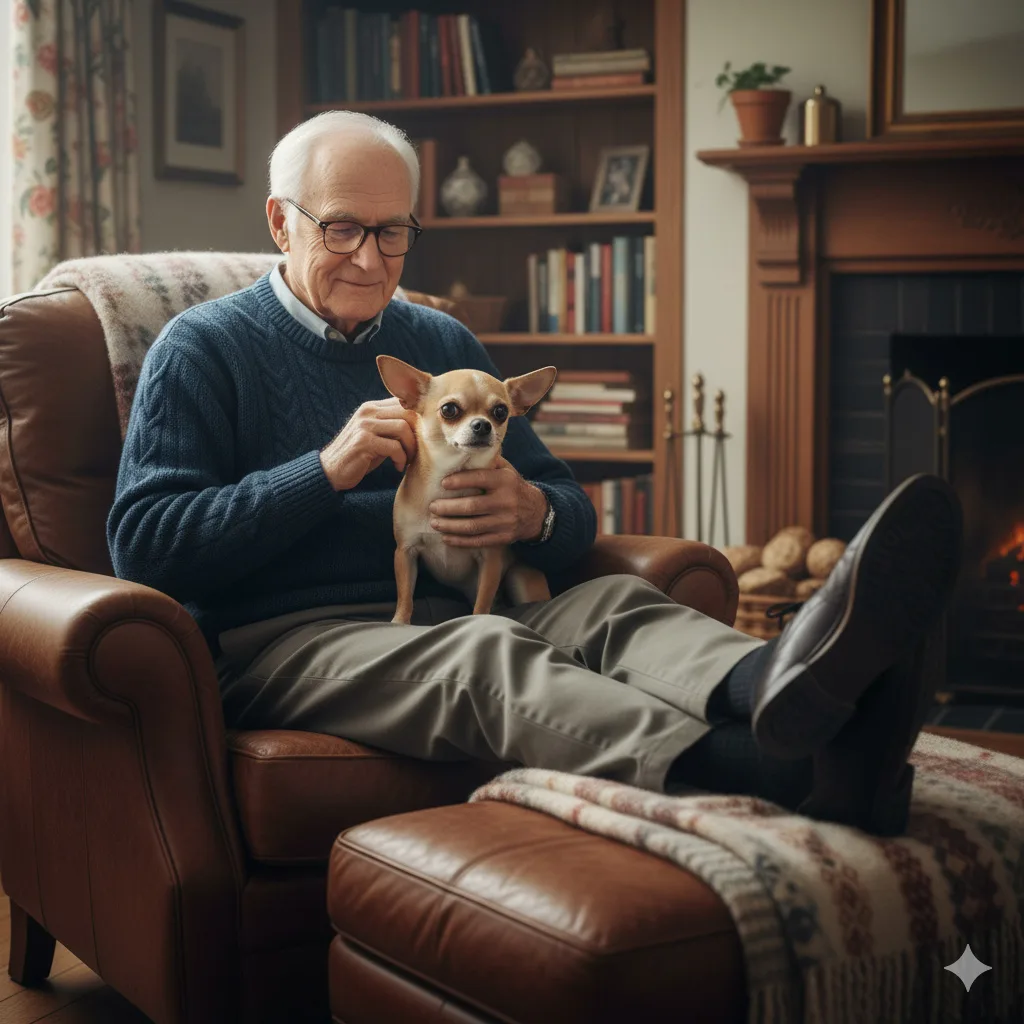 An elderly sitting in an easy chair with his feet propped up and holding a cute Chihuahua in his lap.