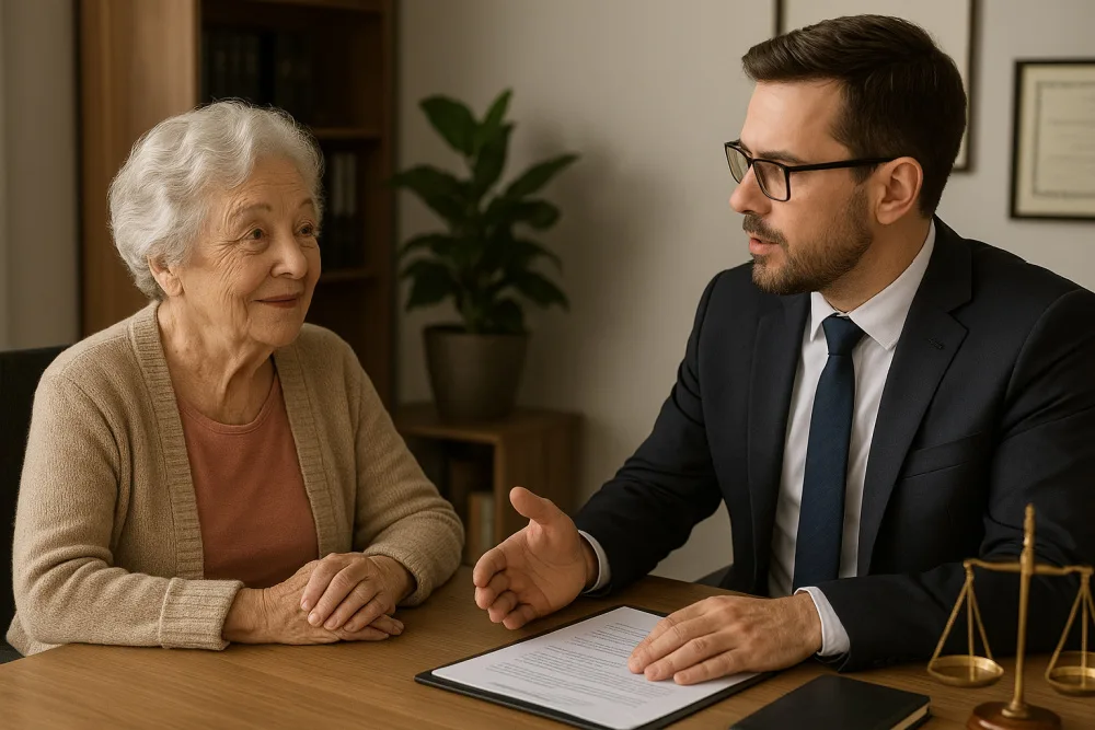 An elderly woman sitting in a office with a lawyer.