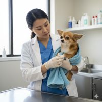 Asian female Veterinarian caring for a Chihuahua dog.
