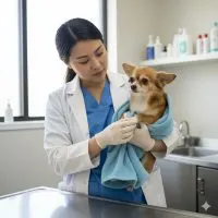 Asian female Veterinarian caring for a Chihuahua dog.