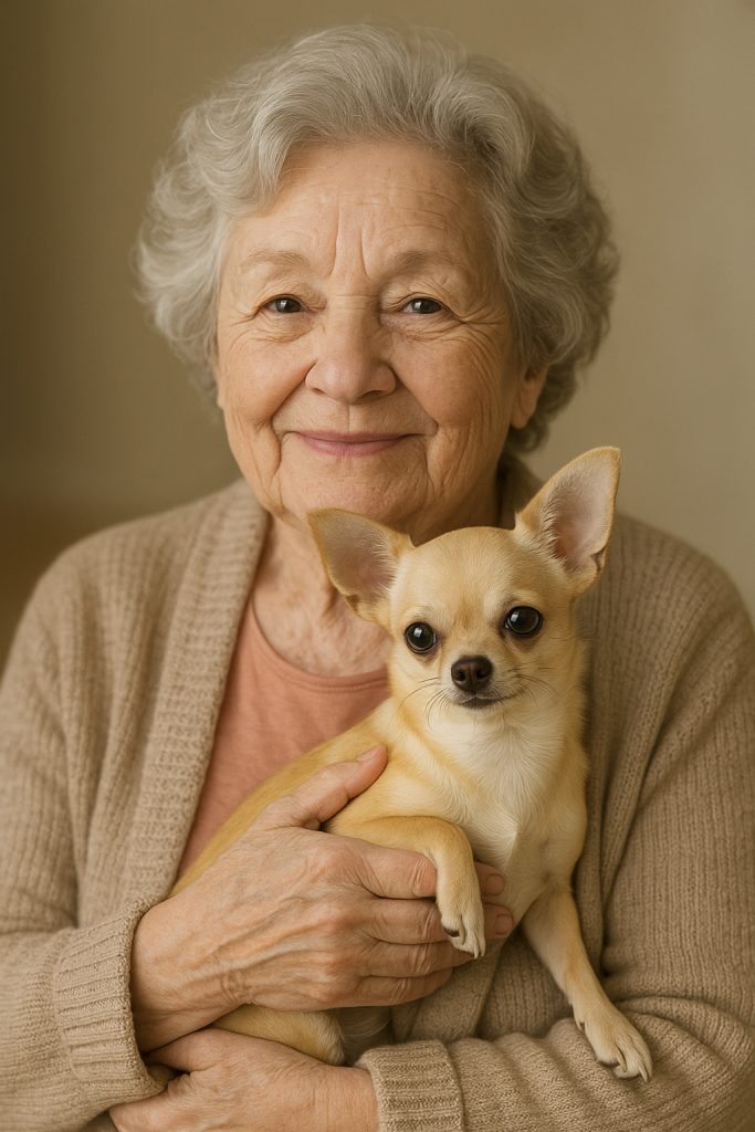 Sweet elderly woman holding a Chihuahua.