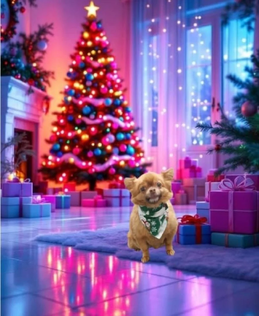 Long hair Fawn Chihuahua with green Christmas scarf on sitting by gifts and in front of Christmas tree.