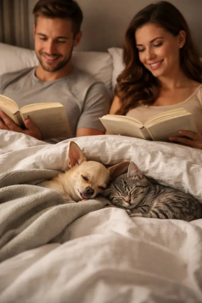 Smiling man and woman lying in bed reading with a sleeping Chihuahua and kitten.