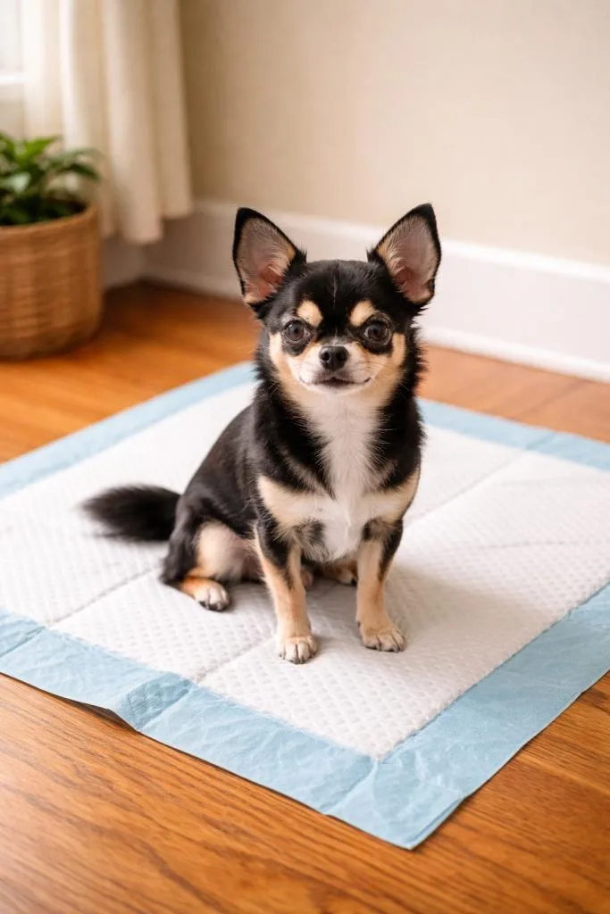 Dark multi colored Chihuahua sitting on a potty pad.
