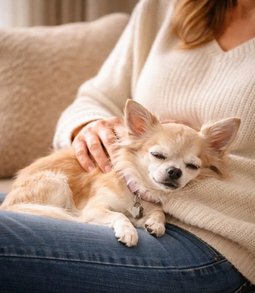 Elderly long hair fawn Chihuahua laying a woman's lap.