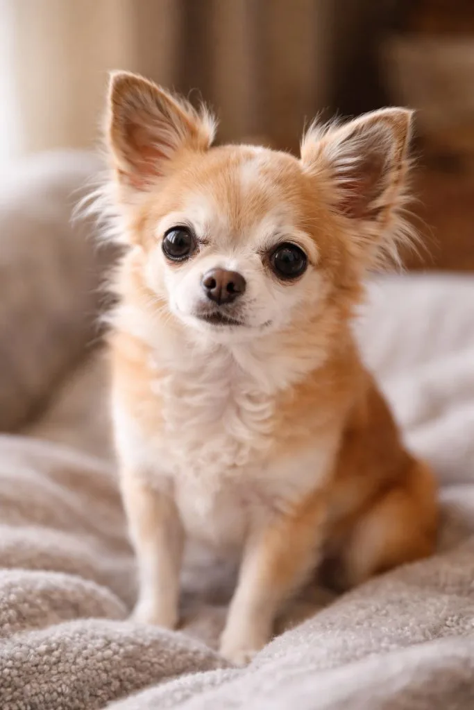 Fawn long hair older Chihuahua