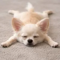 Cream colored Chihuahua sleeping with legs spread out.