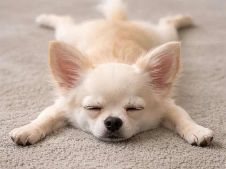 Cream colored Chihuahua sleeping with legs spread out.