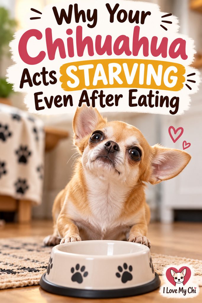 Tan and white Chihuahua looking pleadingly over an empty food bowl with text reading, “Why Your Chihuahua Acts Starving Even After Eating,” and the I Love My Chi logo in the bottom corner.