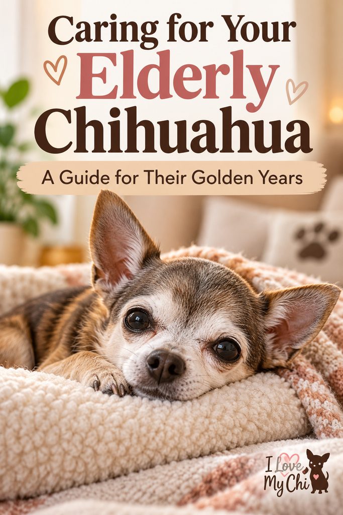 Senior Chihuahua resting comfortably on a cozy blanket with the text “Caring for Your Elderly Chihuahua: A Guide for Their Golden Years” and the I Love My Chi logo.
