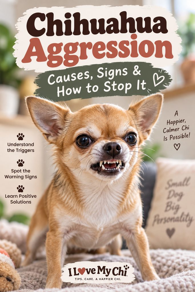 Tan Chihuahua showing its teeth on a Pinterest graphic titled “Chihuahua Aggression: Causes, Signs and How to Stop It,” with tips for understanding triggers, warning signs, and positive solutions.
