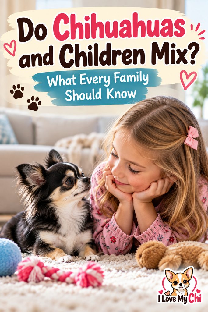 Young girl smiling at a black, tan, and white long-haired Chihuahua, with text reading “Do Chihuahuas and Children Mix? What Every Family Should Know.”