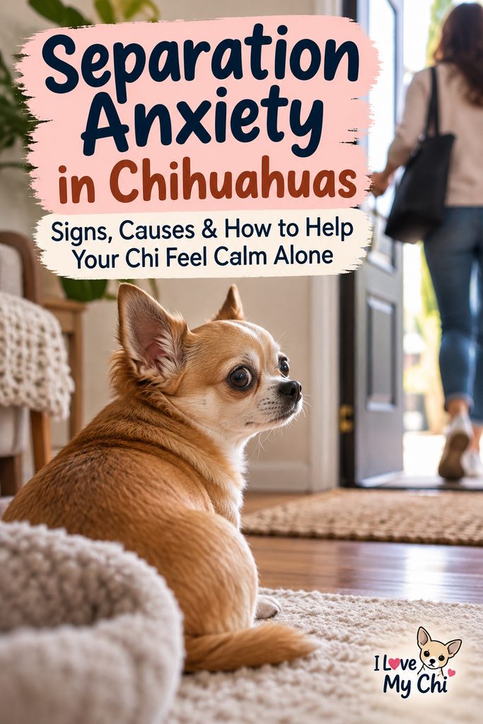 Worried tan and white Chihuahua watches its owner leave through the front door, with text reading &ldquo;Separation Anxiety in Chihuahuas: Signs, Causes & How to Help Your Chi Feel Calm Alone.&rdquo;